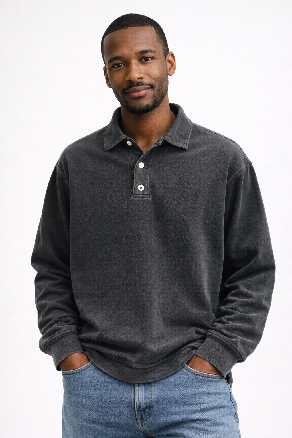 Men's long-sleeve polo in a washed sweatshirt fabric