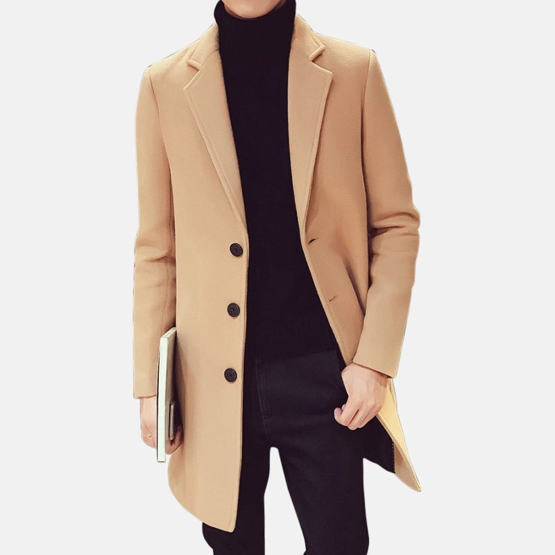 Men's camel longline coat with a notch lapel, buttoned