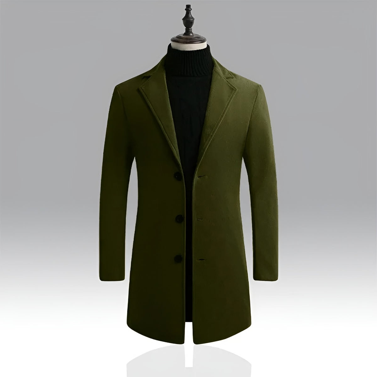 Men's olive longline coat on a dress form