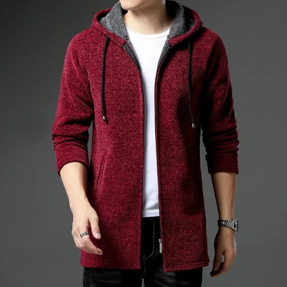 Men's longline knitted hooded cardigan with a zip and fleece lining - wine red