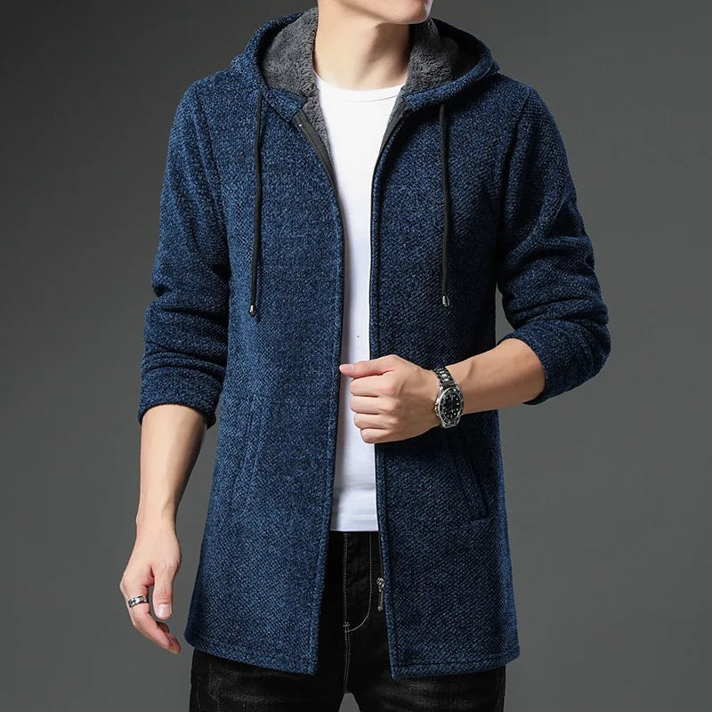 Men's longline knitted hooded cardigan with a zip and fleece lining - blue