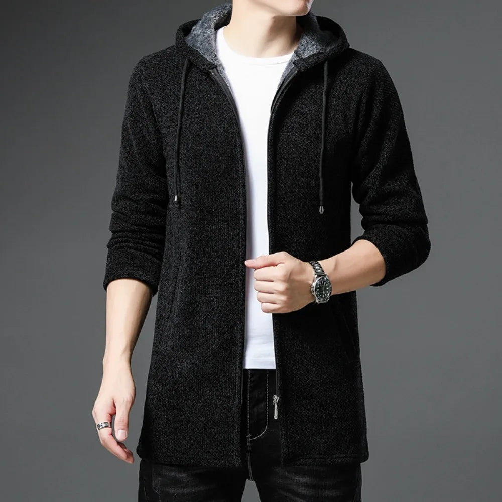 Men's longline knitted hooded cardigan with a zip and fleece lining - black