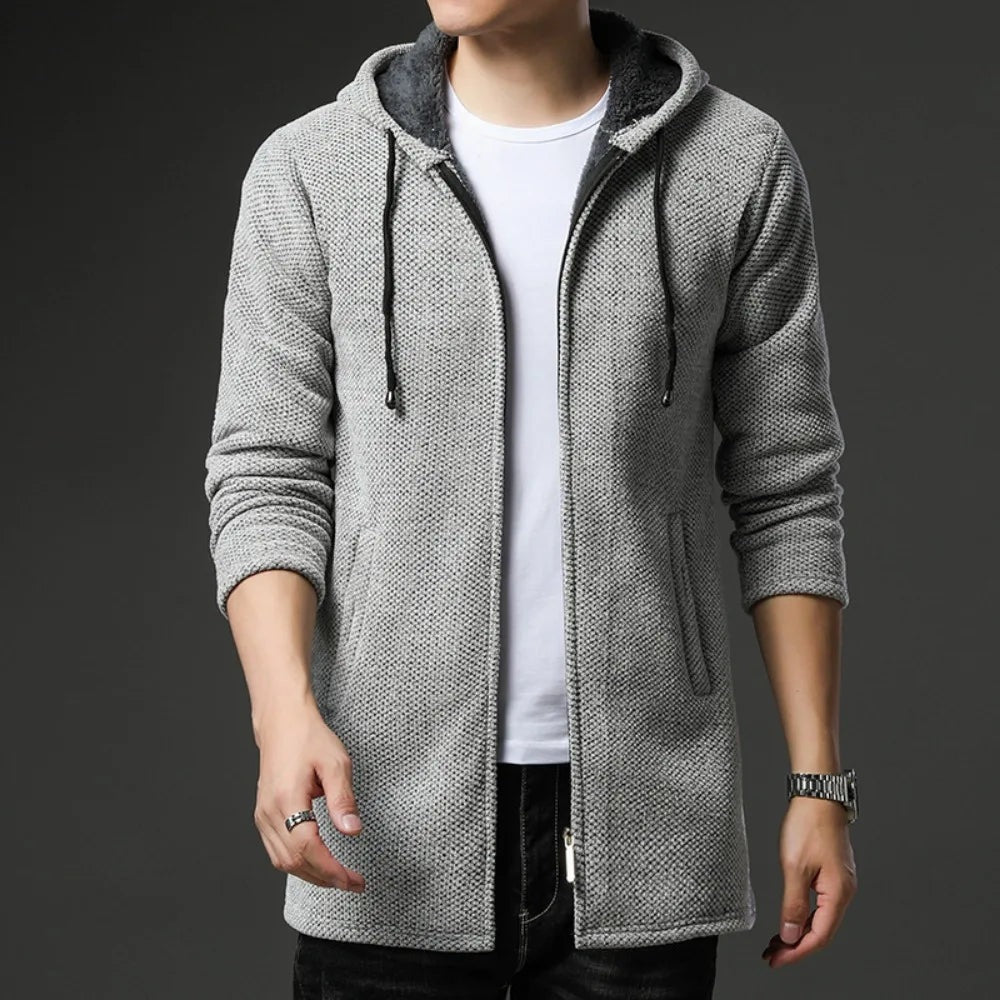 Men's longline knitted hooded cardigan with a zip and fleece lining - light grey