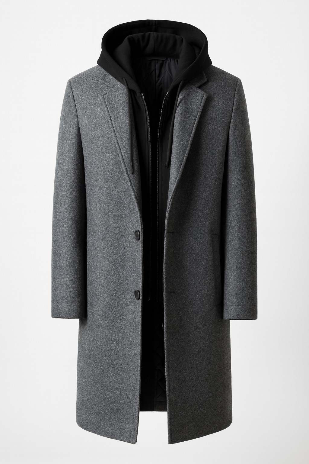 Men's longline overcoat with notch lapels and a zip-in hooded insert - grey