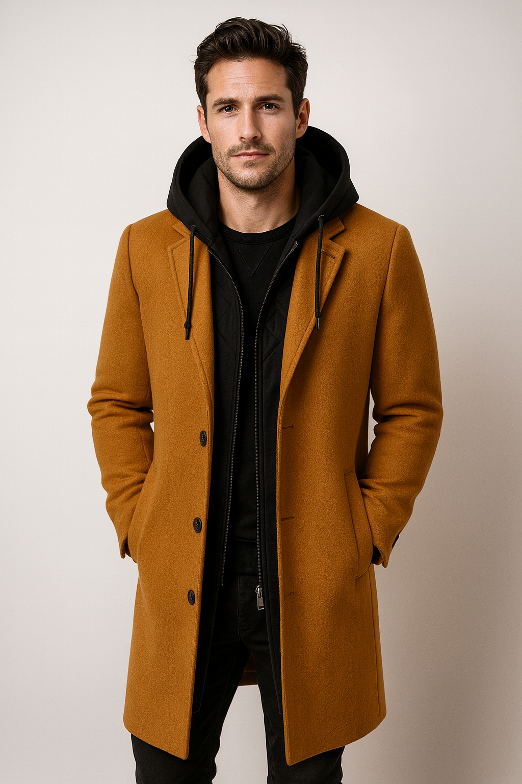 Men's longline overcoat with notch lapels and a zip-in hooded insert
