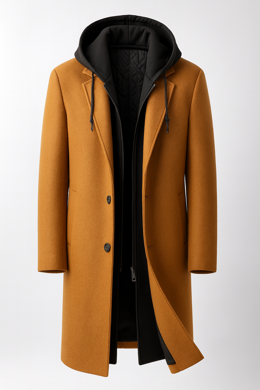 Men's longline overcoat with notch lapels and a zip-in hooded insert - camel