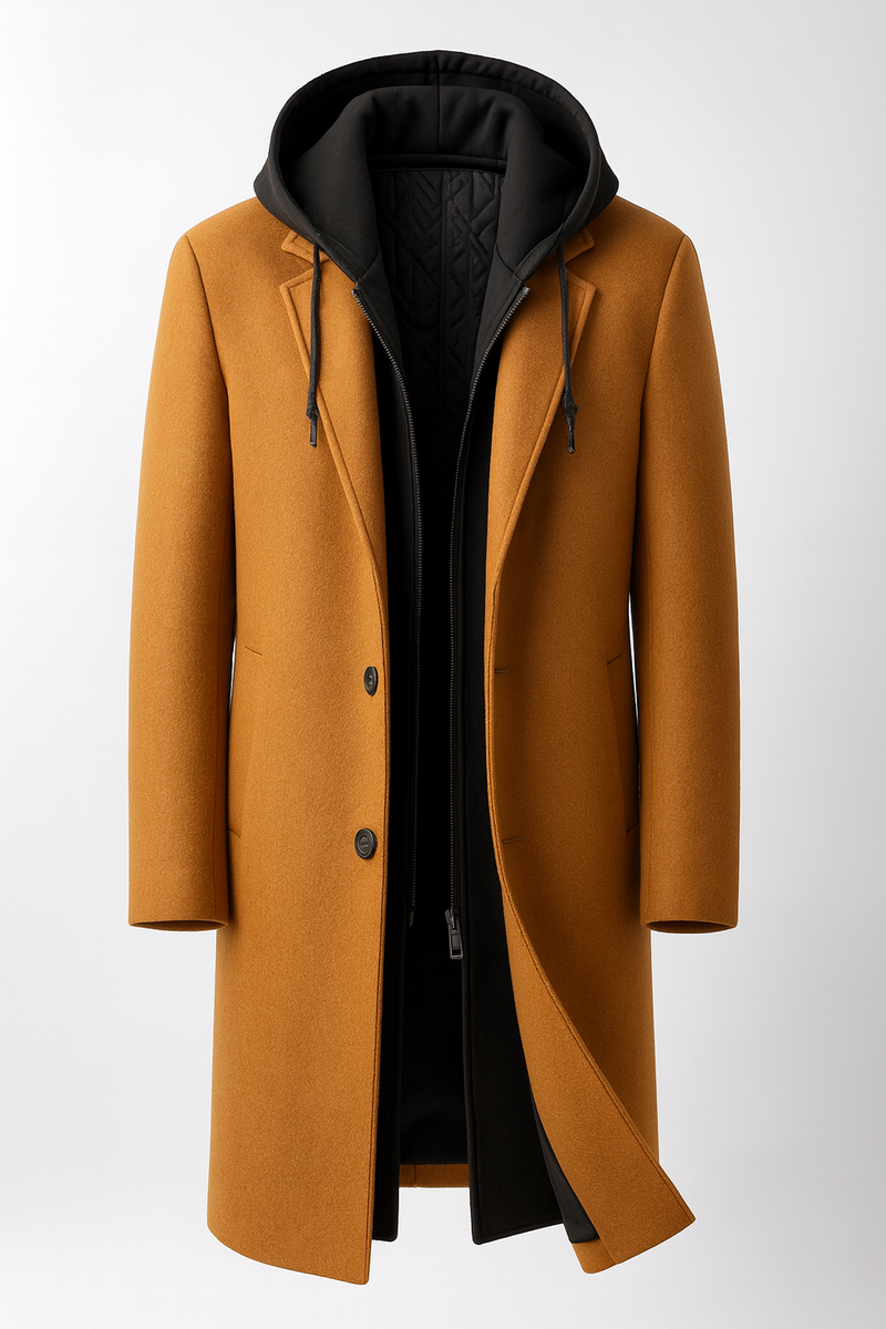 Men's longline overcoat with notch lapels and a zip-in hooded insert - camel