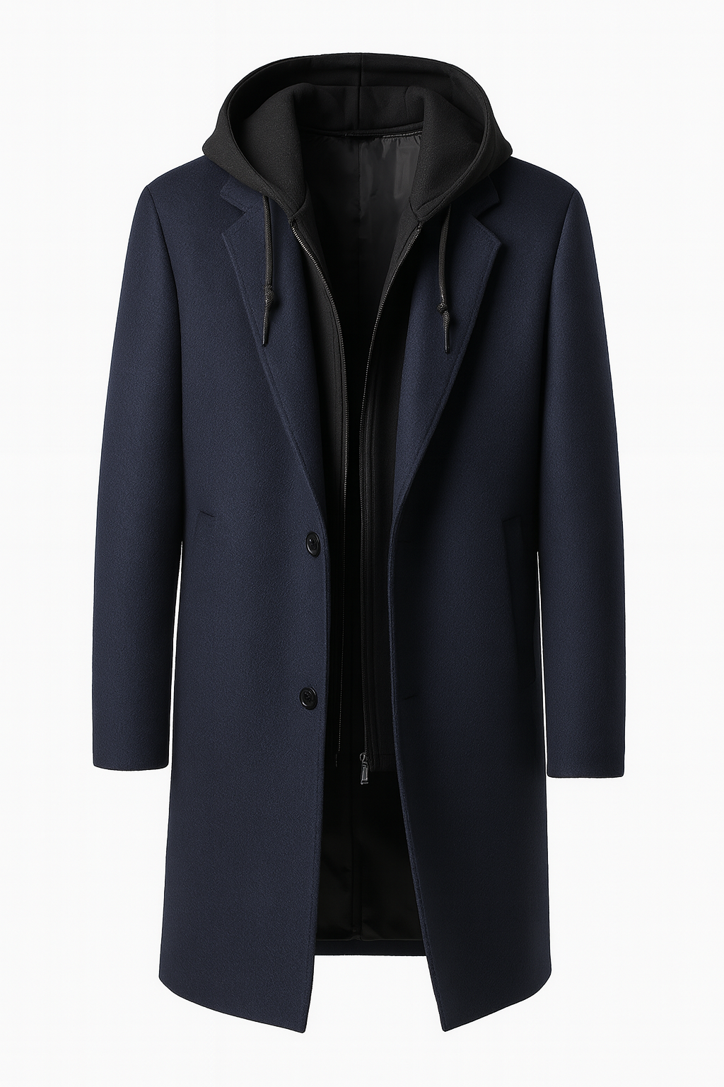 Men's longline overcoat with notch lapels and a zip-in hooded insert - navy