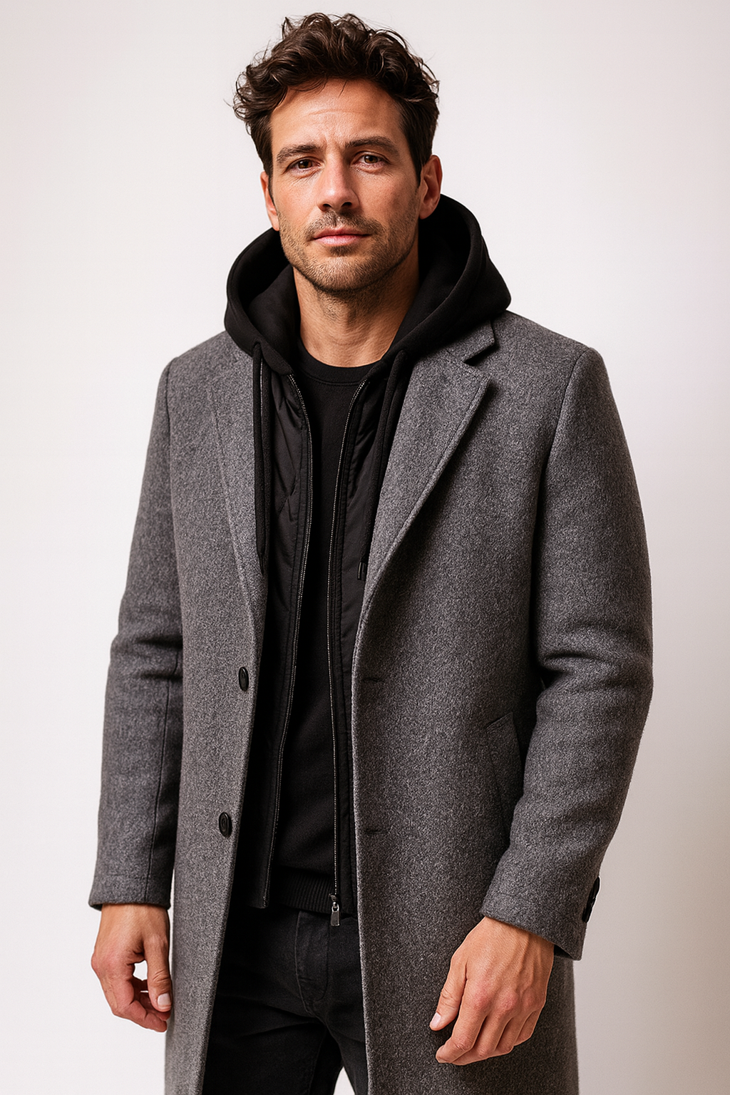 Men's longline overcoat with notch lapels and a zip-in hooded insert