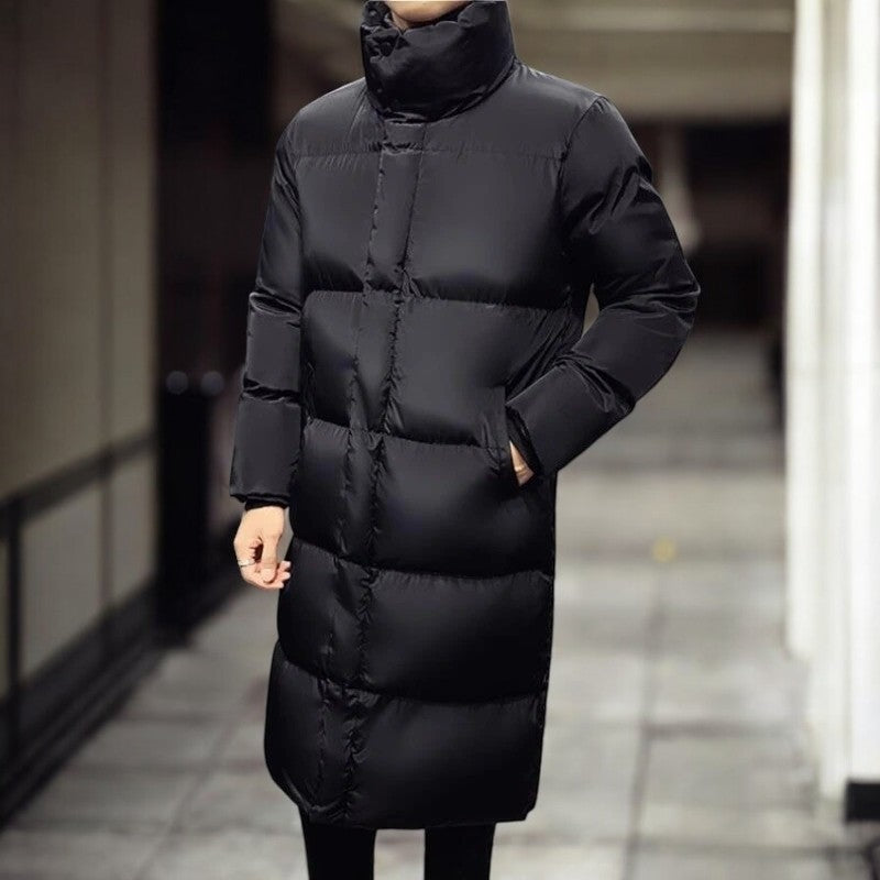 Men's longline puffer coat with a stand collar and press studs