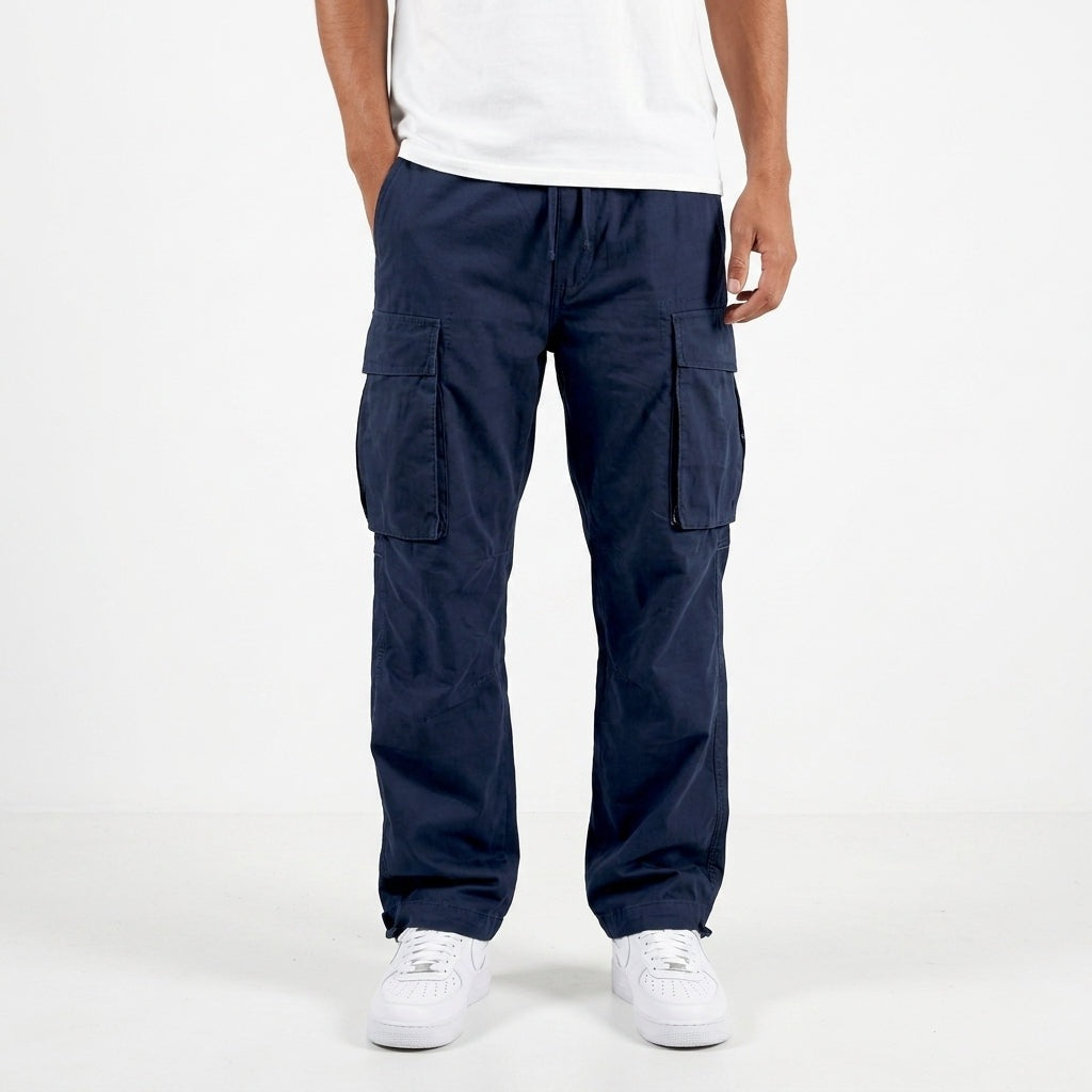 Men's loose fit cargo trousers with a straight leg and side flap pockets - navy