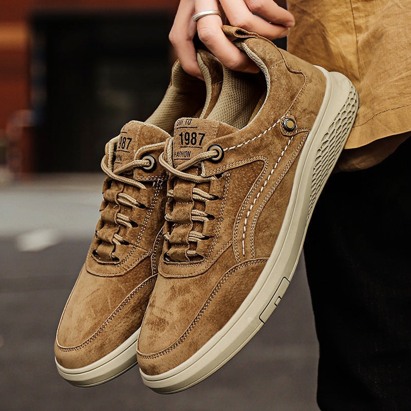 Men's low trainers in a suede look with contrast stitching, six eyelets and a flat tonal sole - camel