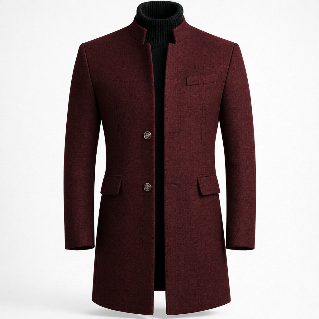 Men's mandarin collar coat with a two-button front - burgundy