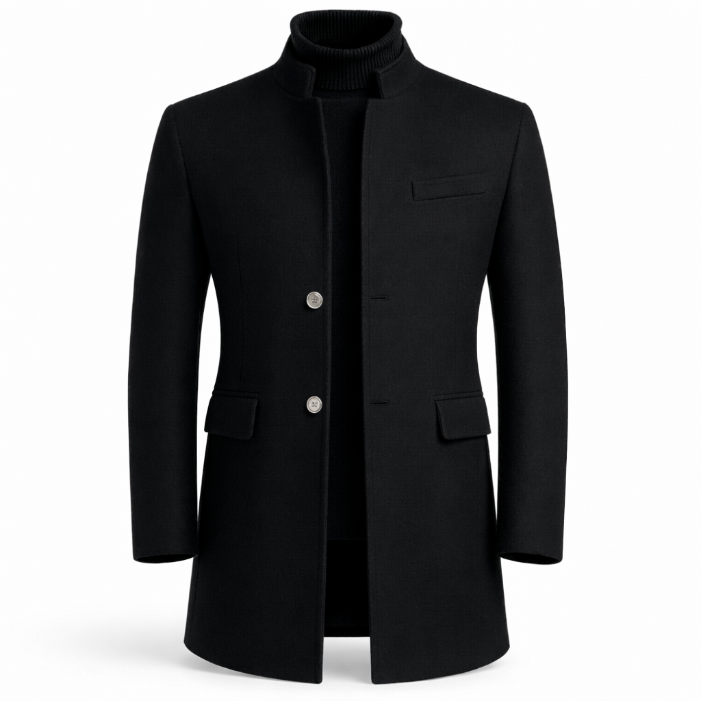 Men's mandarin collar coat with a two-button front - dark navy