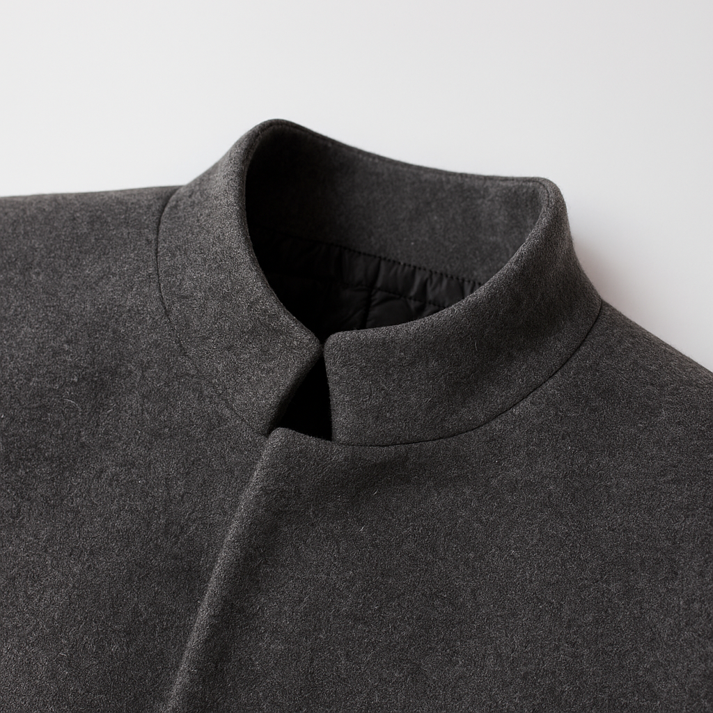 Men's mandarin collar coat with a two-button front