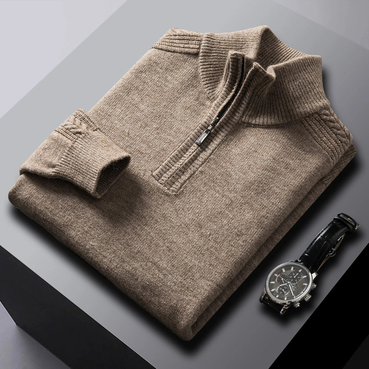 Men's marl half-zip jumper with a stand collar and cable details - camel