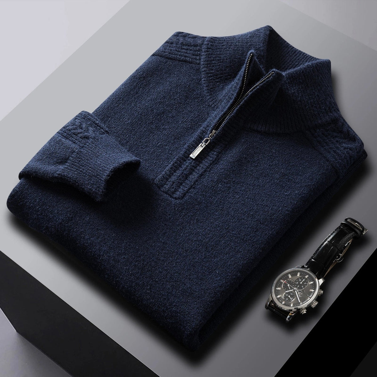 Men's marl half-zip jumper with a stand collar and cable details - navy