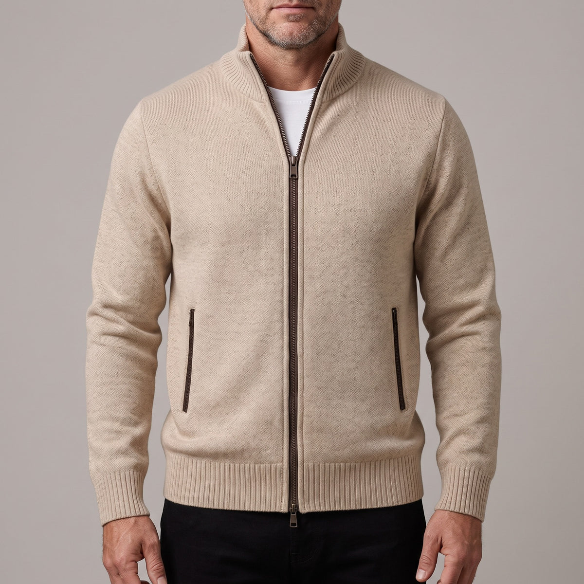 Men's marl knit zip cardigan with a stand collar - beige