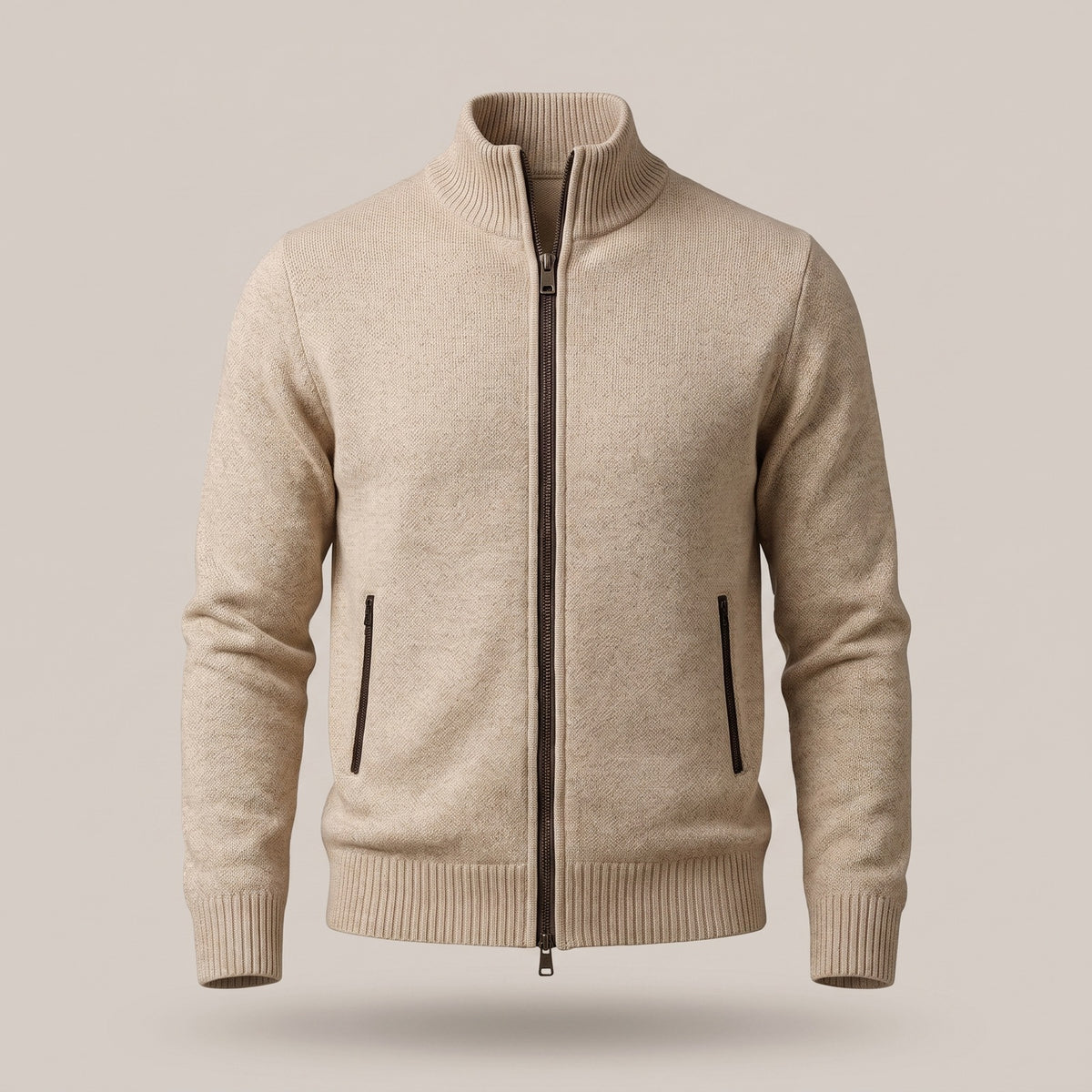 Men's marl knit zip cardigan with a stand collar - beige