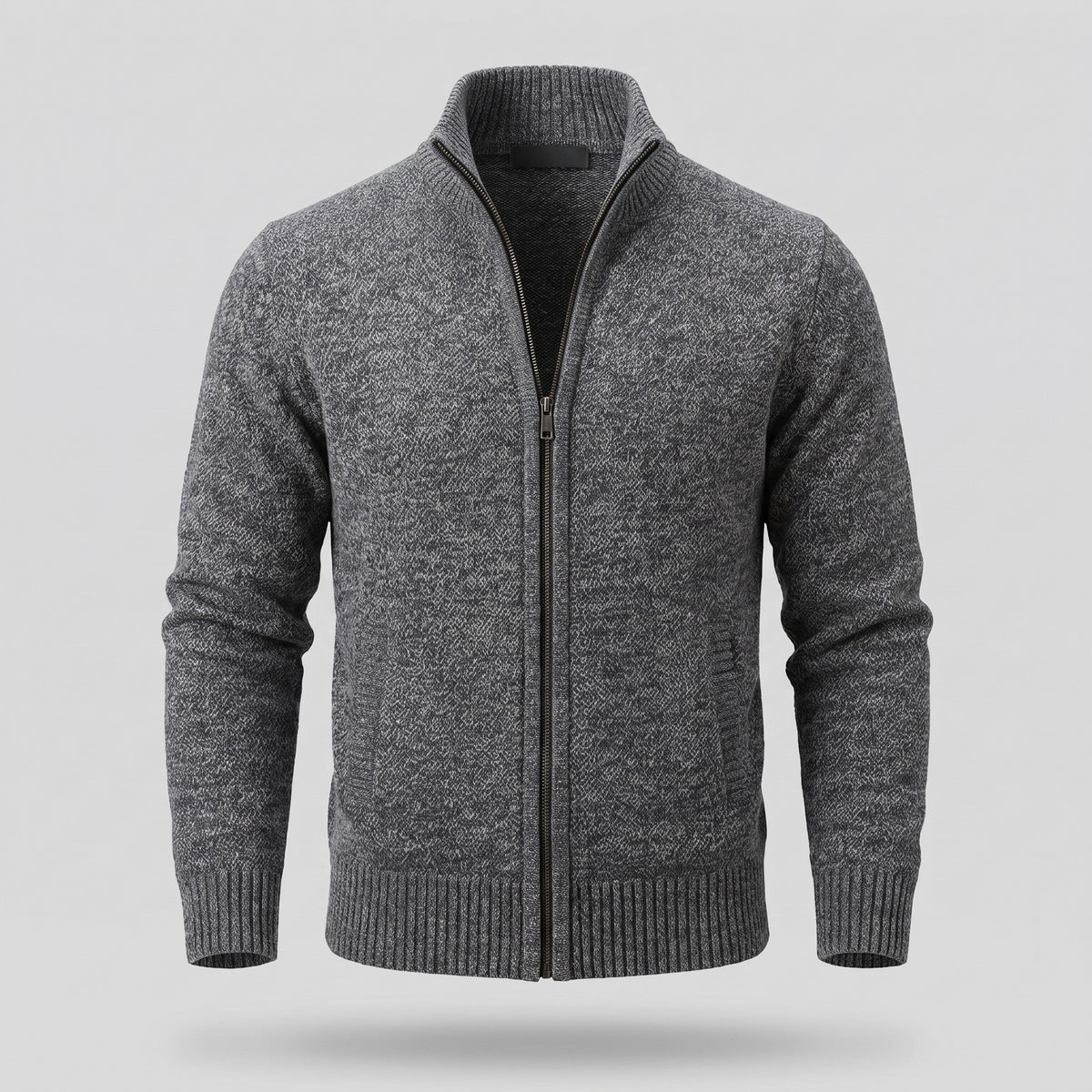 Men's marl knit zip cardigan with a stand collar - grey
