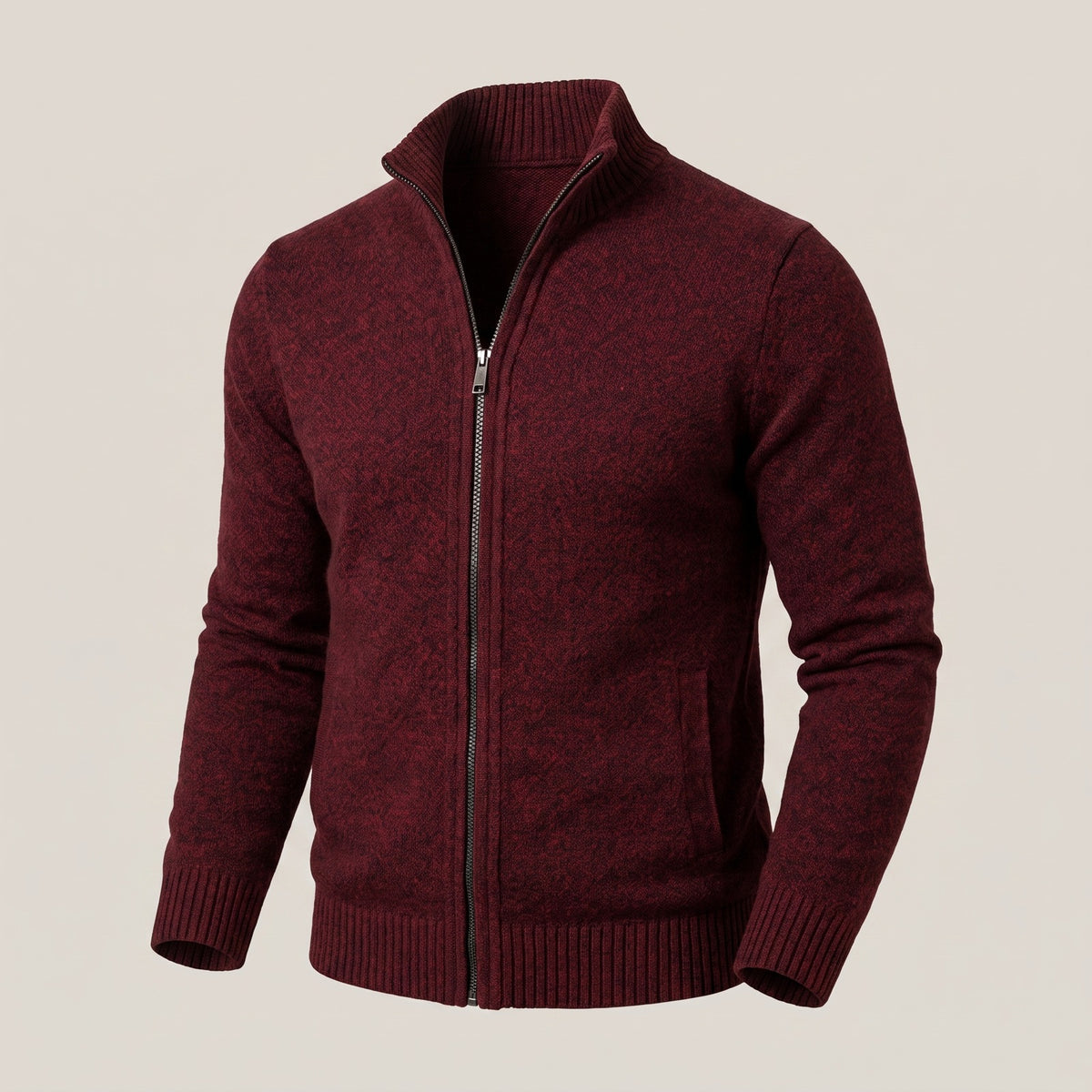 Men's marl knit zip cardigan with a stand collar - burgundy