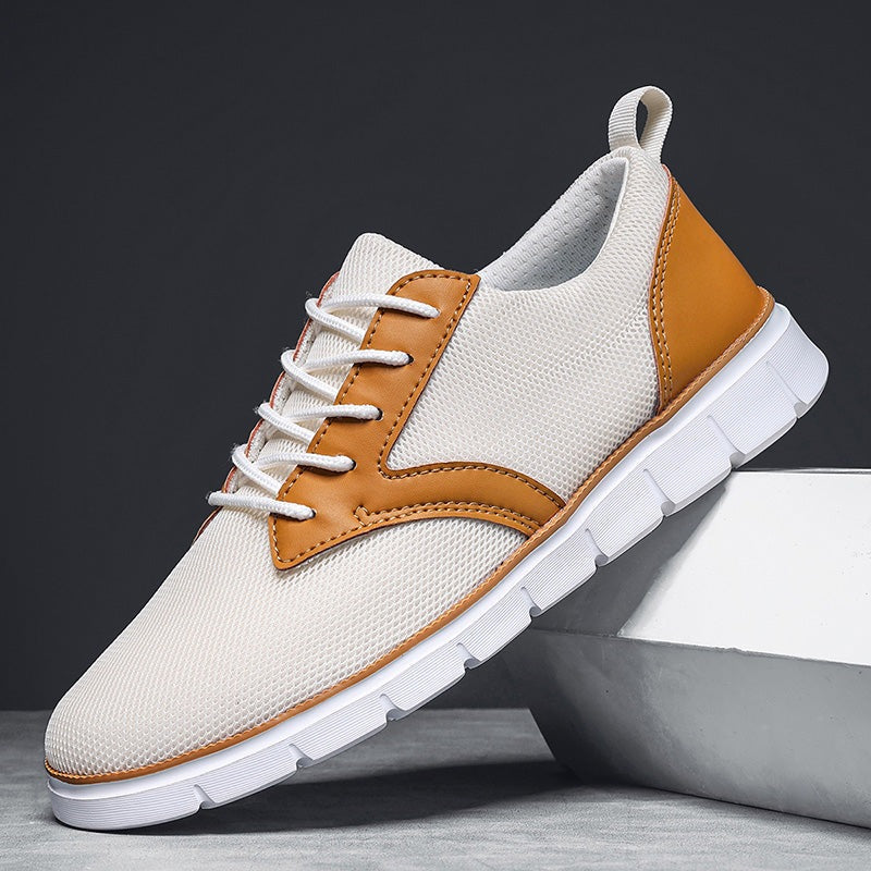 Men's mesh trainers with a saddle-shaped faux leather panel, white rubber sole and heel tab - ecru