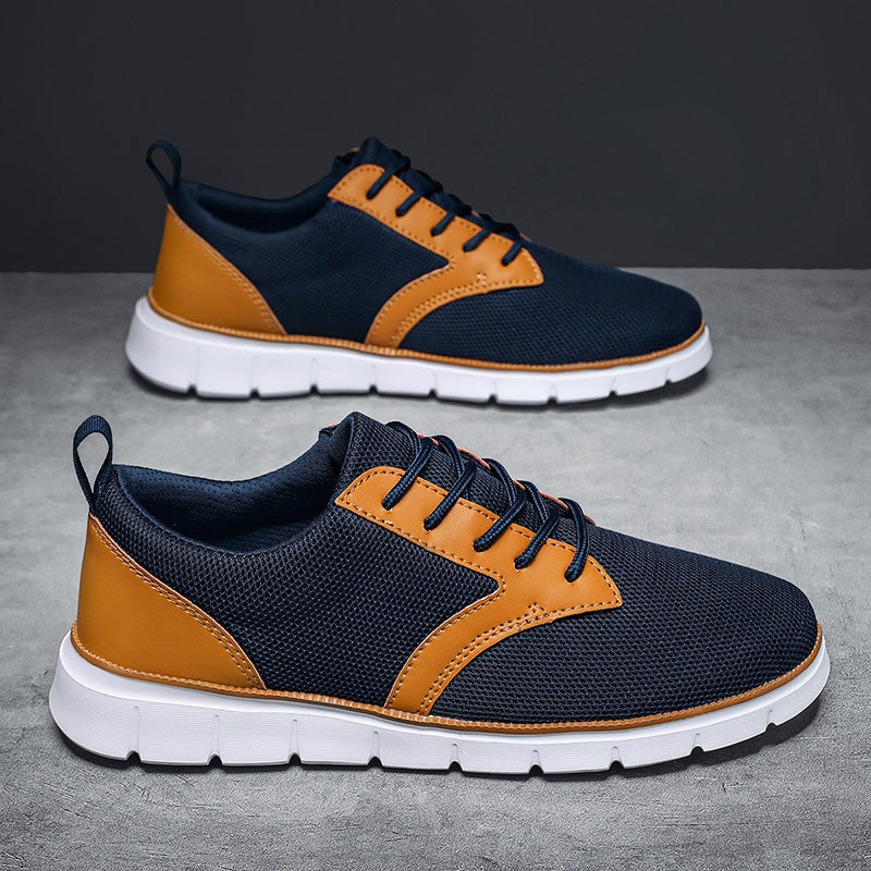 Men's mesh trainers with a saddle-shaped faux leather panel, white rubber sole and heel tab - view 6