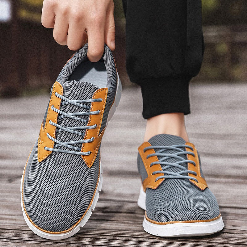 Men's mesh trainers with a saddle-shaped faux leather panel, white rubber sole and heel tab - view 8