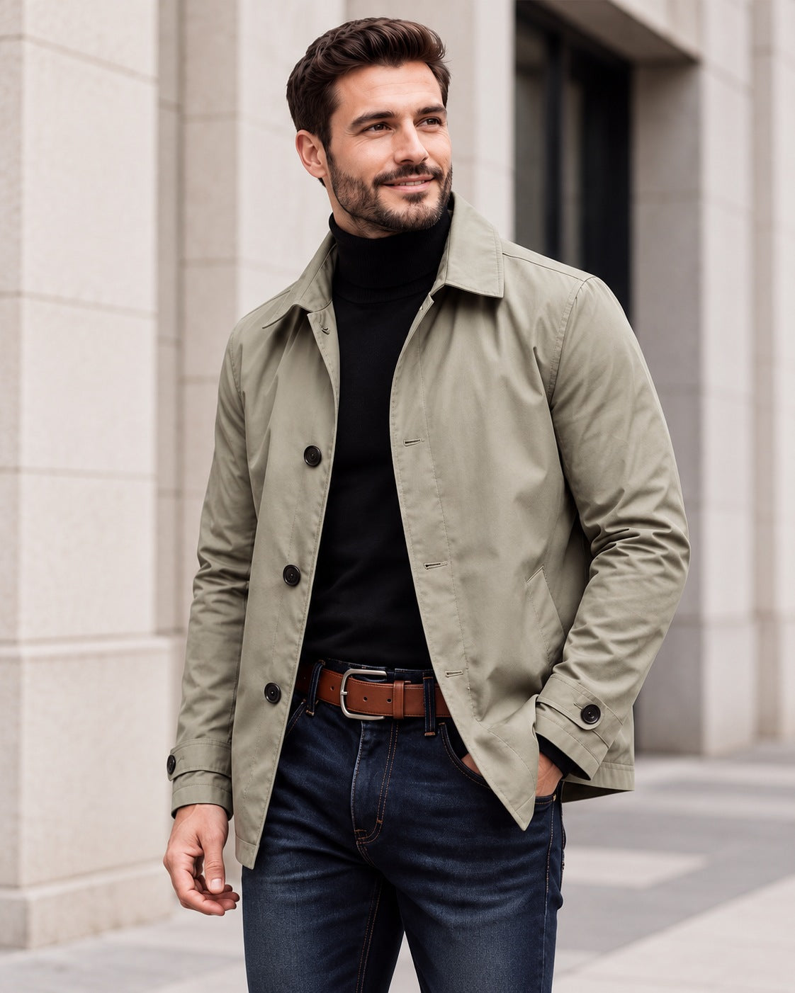 Men's mid-length coat with a turn-down collar and button front - khaki