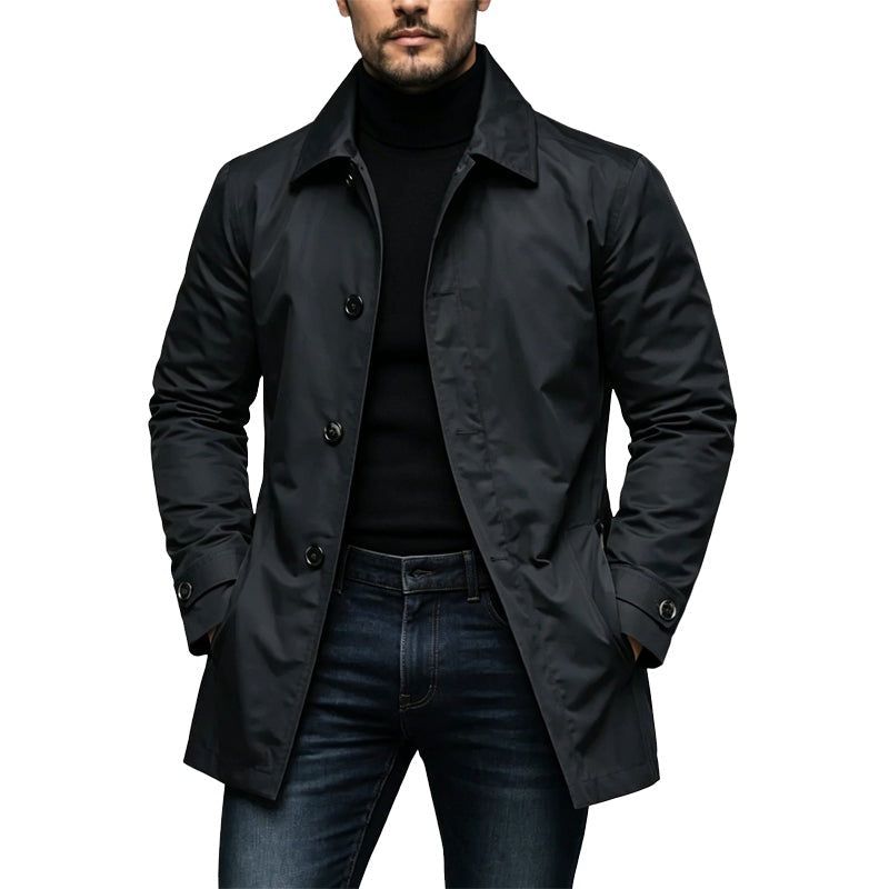 Men's mid-length coat with a turn-down collar and button front - black