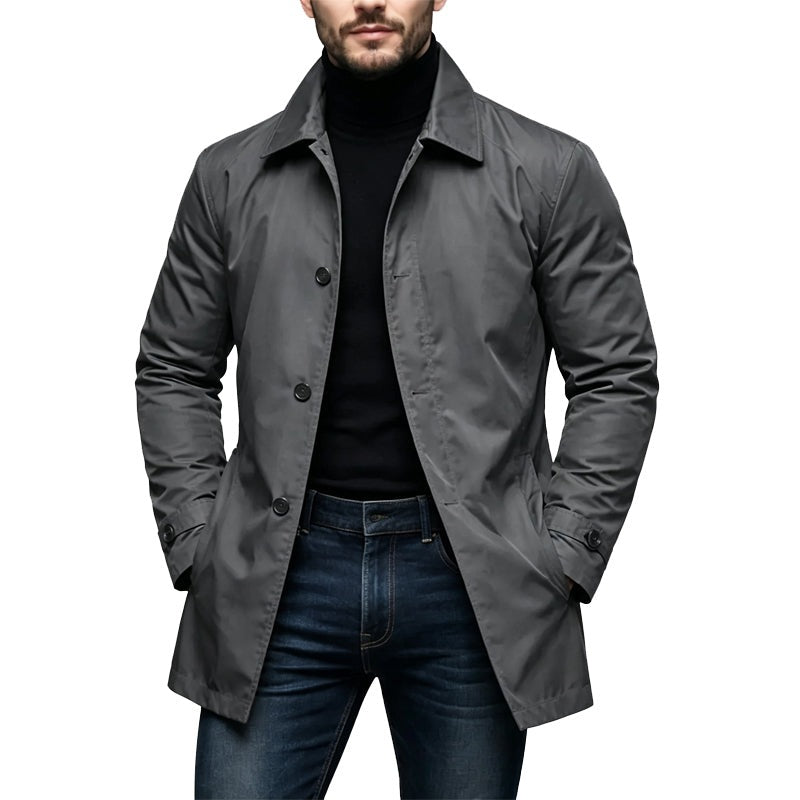 Men's mid-length coat with a turn-down collar and button front - grey
