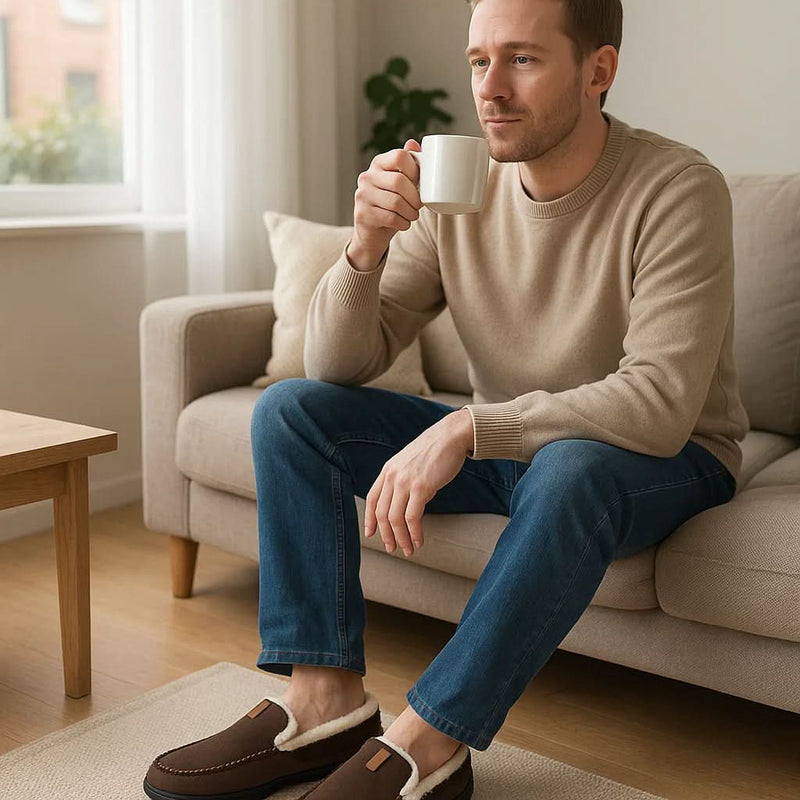 Men's moccasin slippers with a plush lining and rubber sole