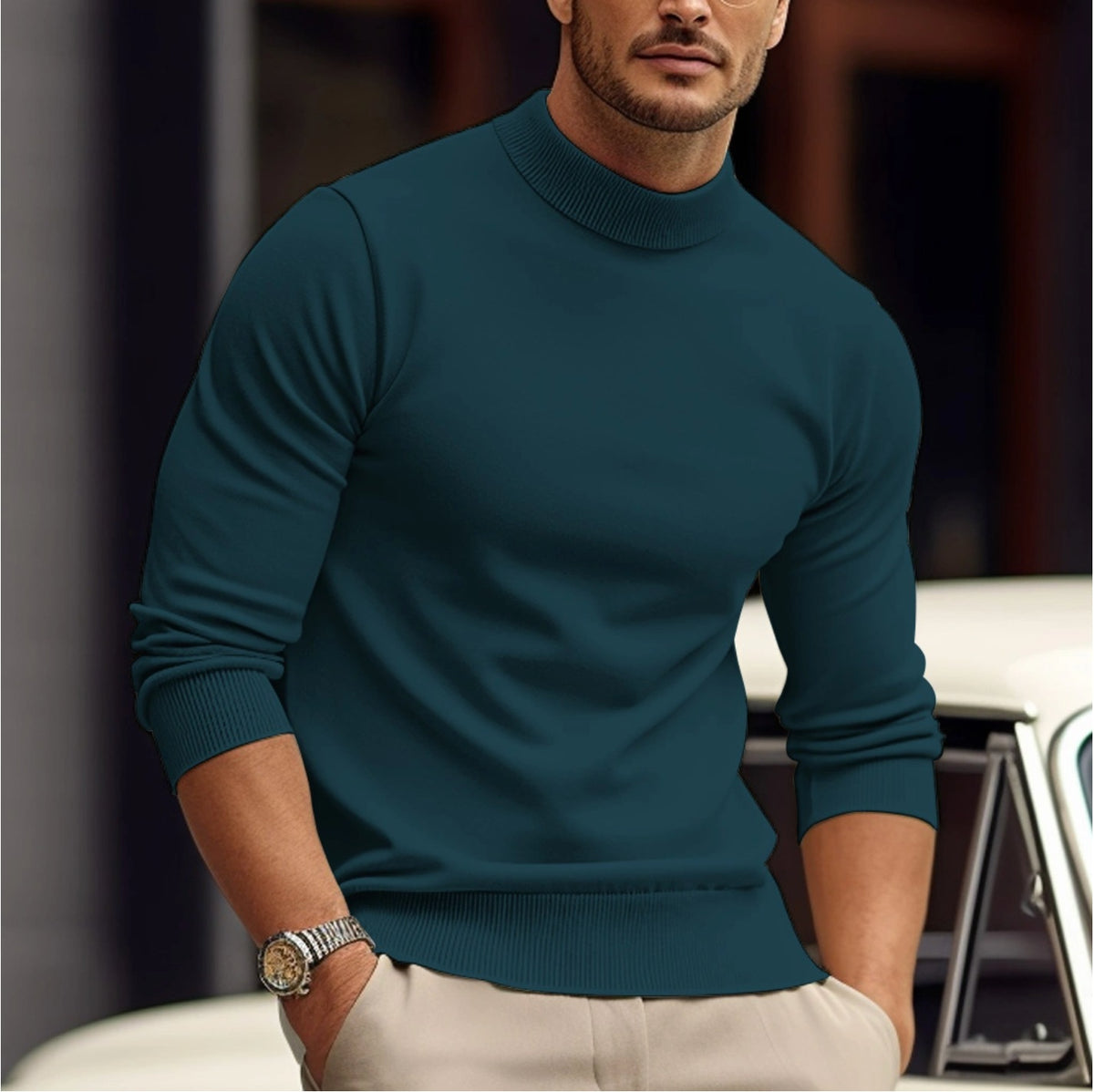 Men's mock neck jumper with ribbed cuffs and hem - teal