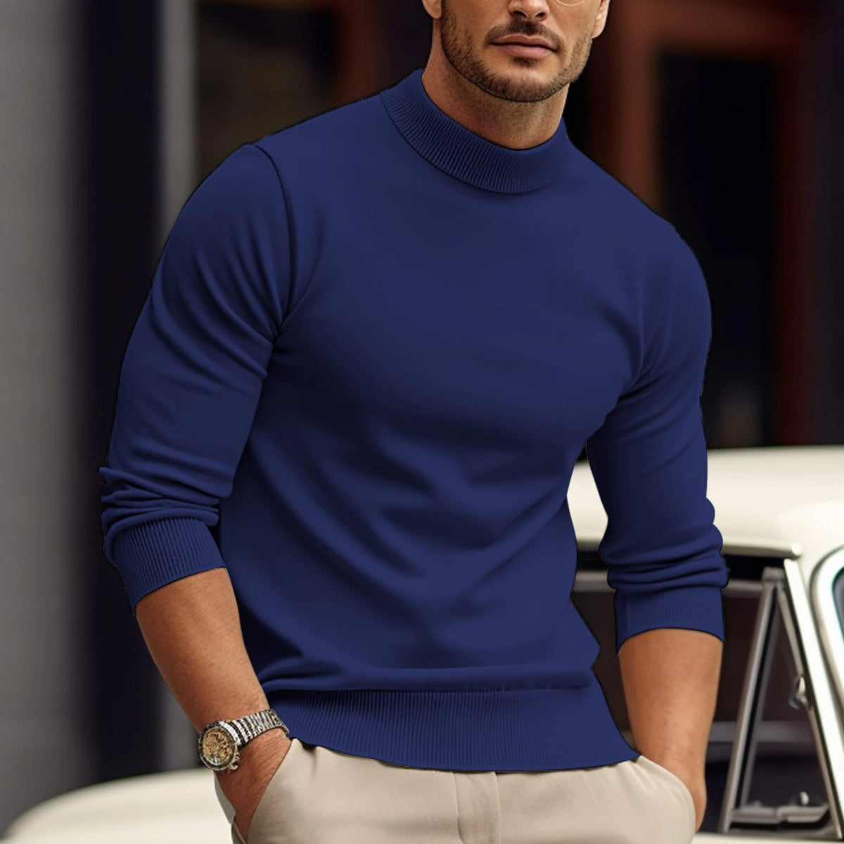 Men's mock neck jumper with ribbed cuffs and hem - dark blue