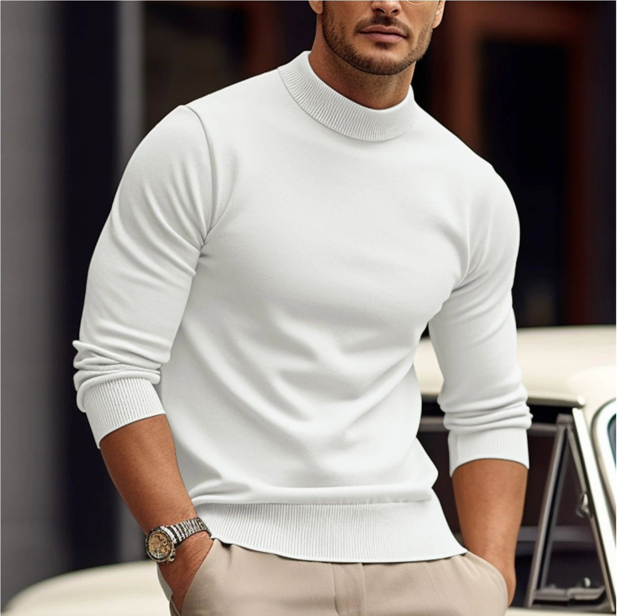 Men's mock neck jumper with ribbed cuffs and hem - white
