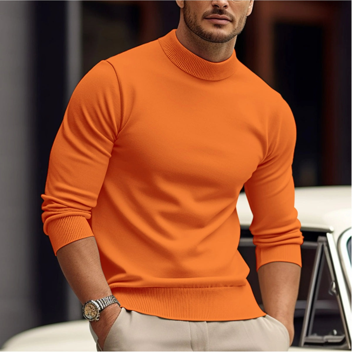 Men's mock neck jumper with ribbed cuffs and hem - orange