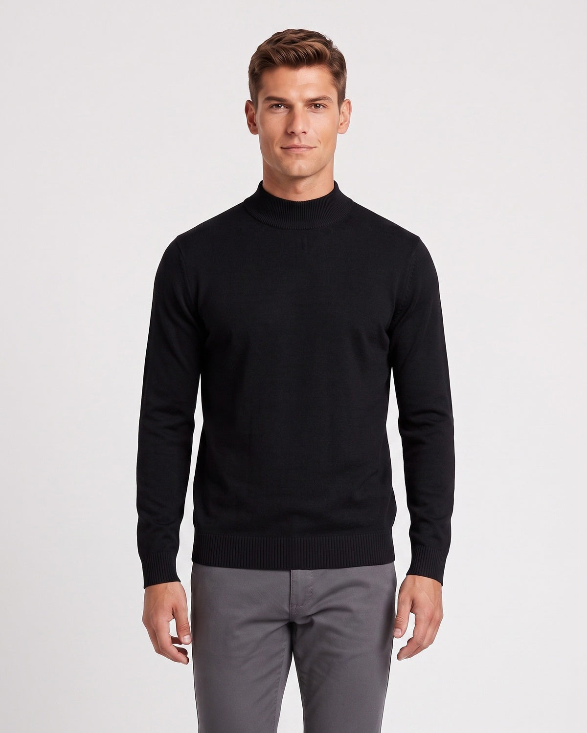Men's fine knit jumper with a mock neck and ribbed trims - black