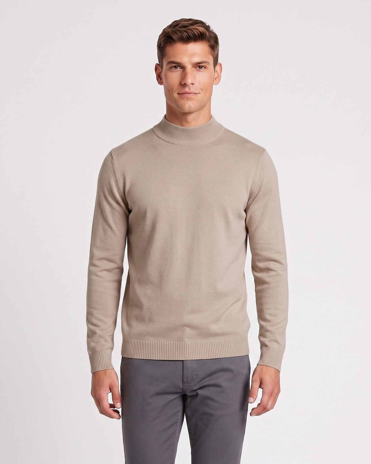 Men's fine knit jumper with a mock neck and ribbed trims - sand