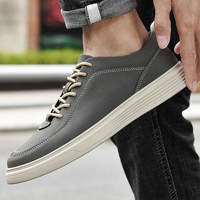 Men's nubuck-look trainers with contrast stitching, a thick white sole and a heel loop - view 3