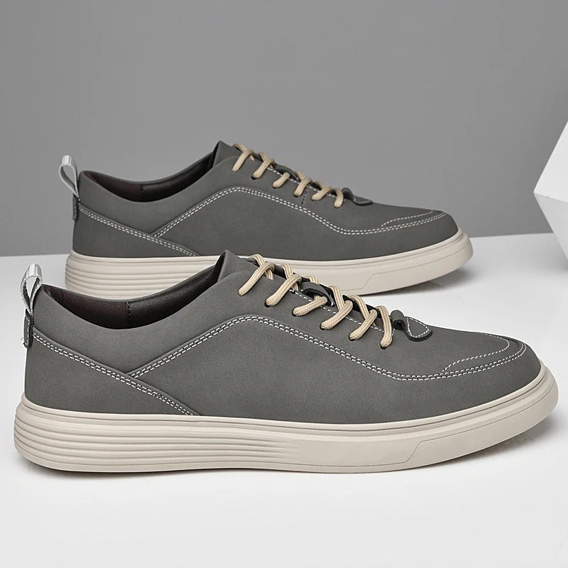 Men's nubuck-look trainers with contrast stitching, a thick white sole and a heel loop - view 4