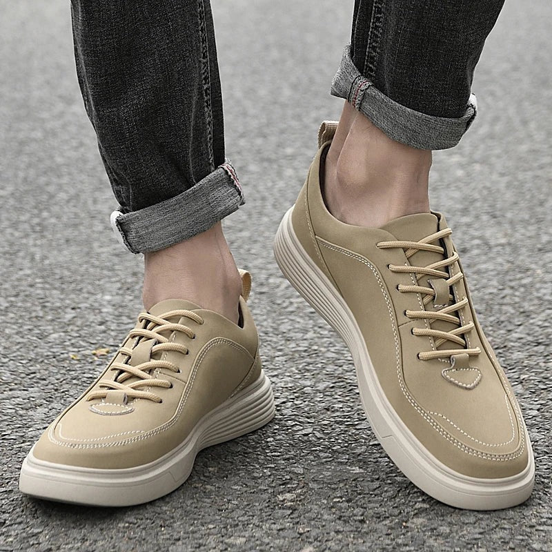 Men's nubuck-look trainers with contrast stitching, a thick white sole and a heel loop - sand
