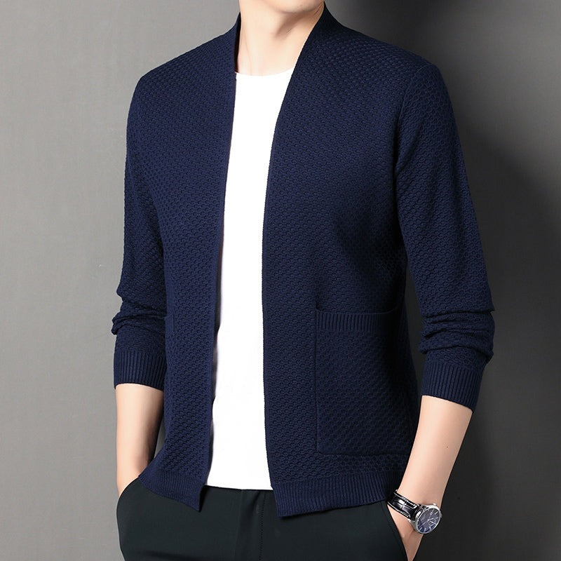 Men's open front cardigan in a honeycomb knit with two pockets - view 10