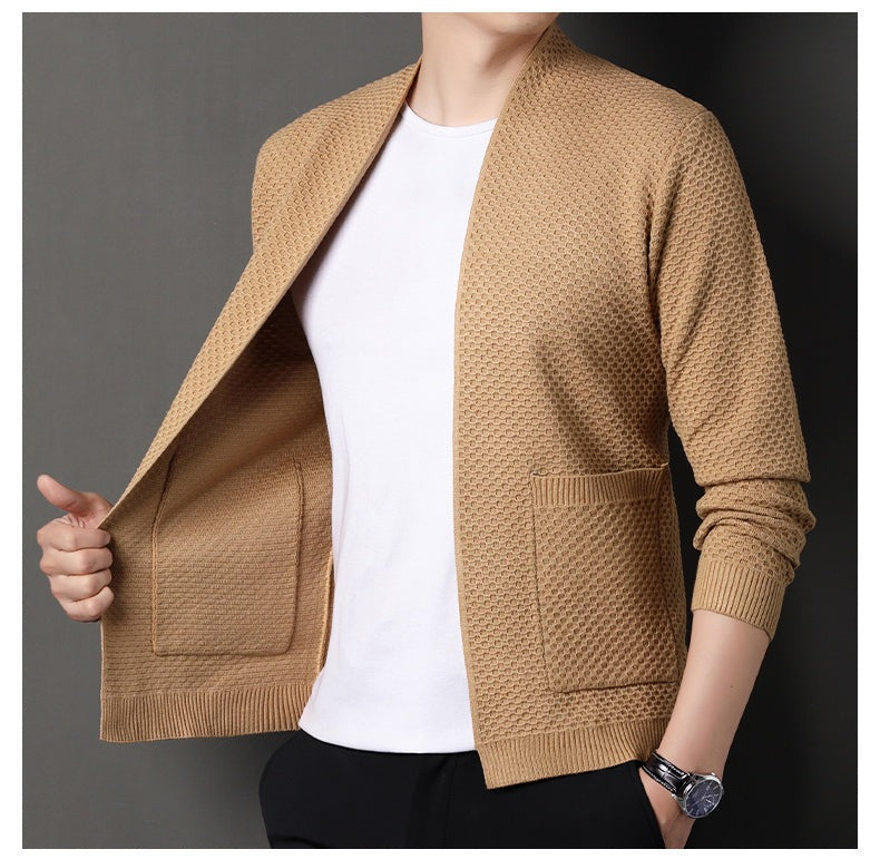 Men's open front cardigan in a honeycomb knit with two pockets - view 2