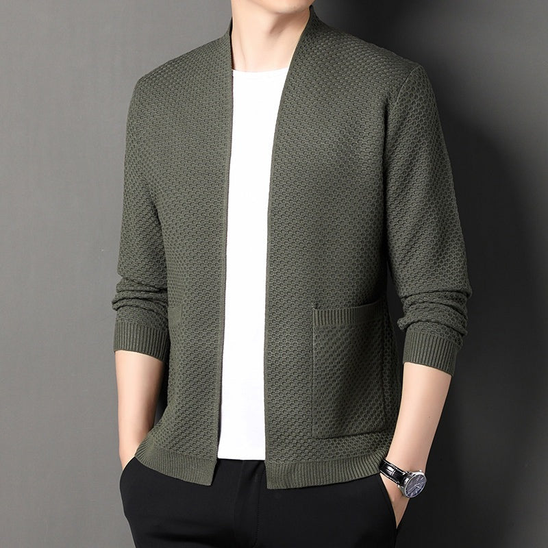 Men's open front cardigan in a honeycomb knit with two pockets - view 4