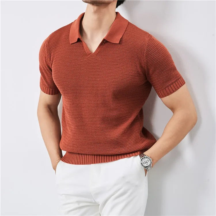Men's open knit polo with a buttonless collar, V-neck and ribbed trims - view 2