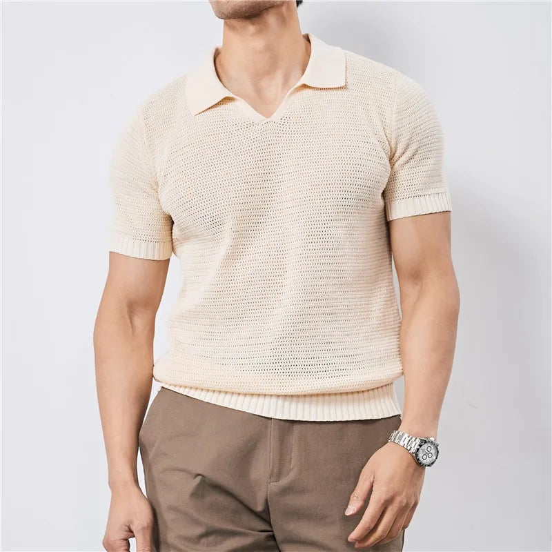 Men's open knit polo with a buttonless collar, V-neck and ribbed trims - ecru