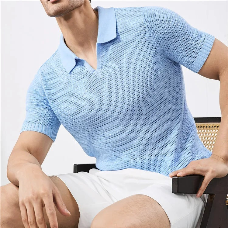 Men's open knit polo with a buttonless collar, V-neck and ribbed trims - light blue