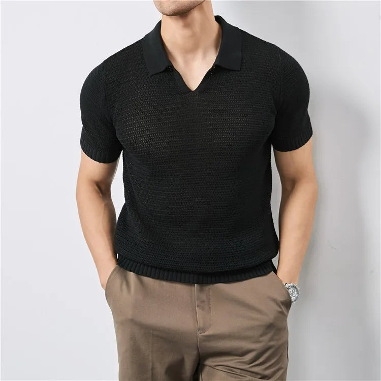 Men's open knit polo with a buttonless collar, V-neck and ribbed trims - black