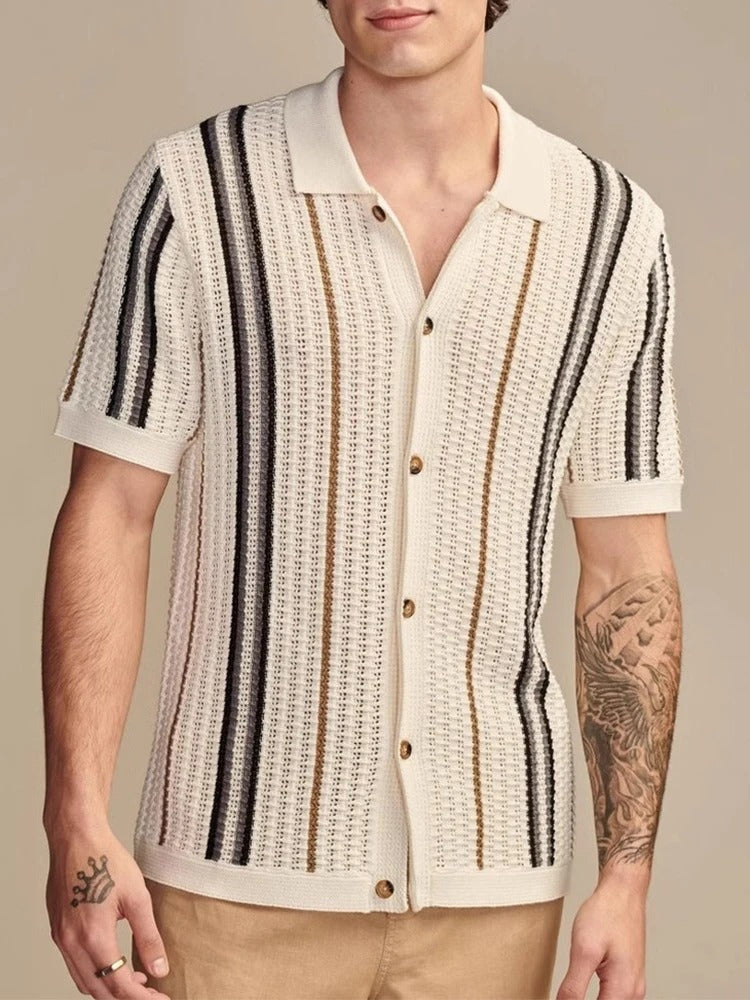 Men's open knit button-through polo with vertical stripes - ecru