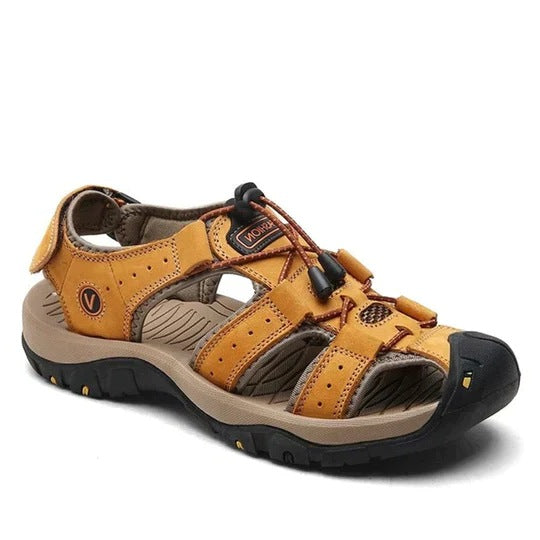Men's orthopaedic closed-toe sandals with a quick-pull cord and arch support - ochre